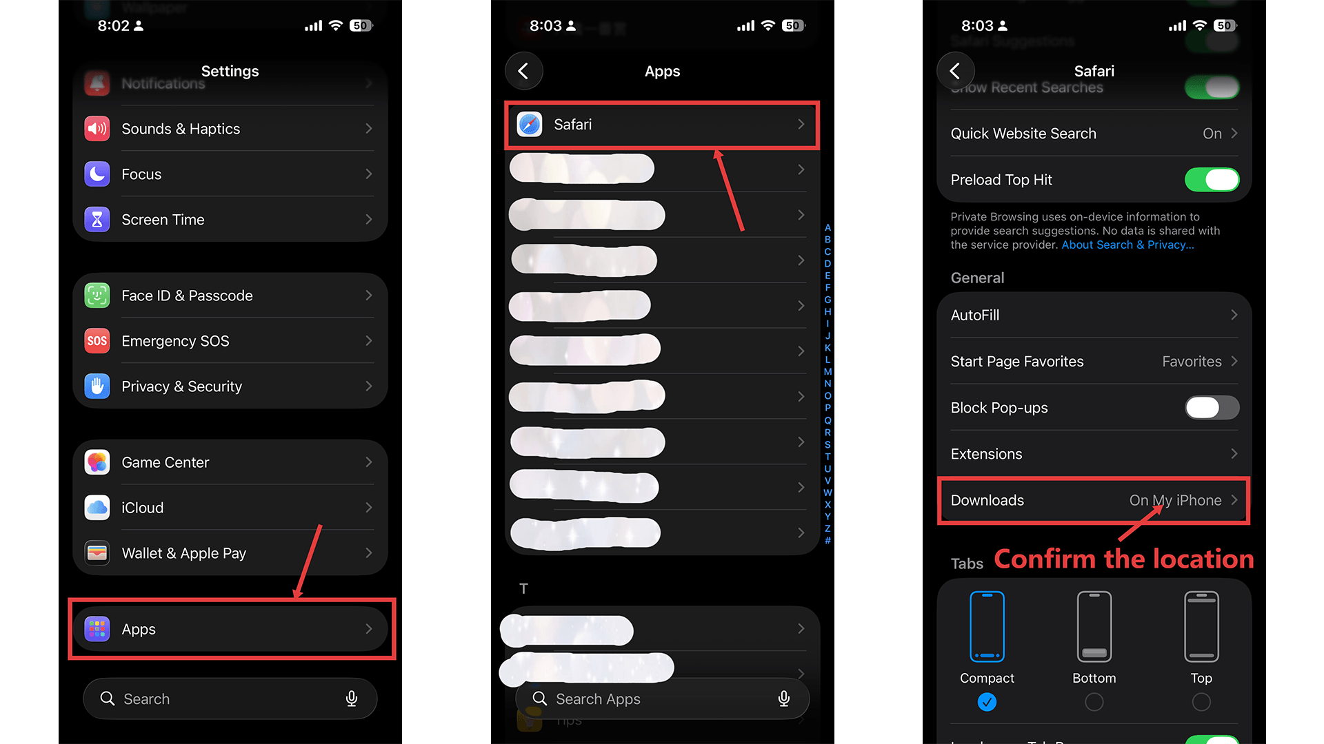 iPhone 设置 Safari 下载项目页面示意图 iPhone 设置 Safari 下载项目页面示意图